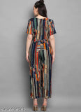 Multi-color rayon jumpsuit, short sleeves, printed net, western style, versatile wardrobe essential