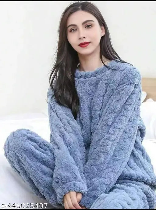 Wool winter night suit with self-design net, warm and cozy fur fabric for women's sleep wear