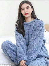 Wool winter night suit, self-design net pattern in soft fur fabric for women's sleep wear