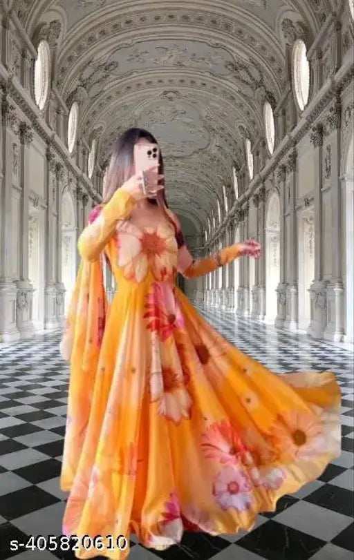 Georgette round neck, long sleeve printed gown with dupatta, suitable for formal events and weddings, Indian origin