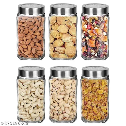 Transparent airtight glass jars, cube shape for kitchen storage, 1Ltr, pack of 6
