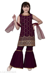 Purple Georgette Sharara Set for Girls, embellished net party ware for 9-14 years