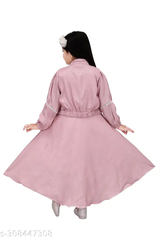 Peach rayon lace net girls party gown dress & jacket (4-8 years), elegant kids fashion accessory for celebrations