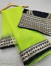 Gold-embroidered net wedding saree in solid pattern, free size, from India