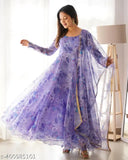 Indian printed georgette Anarkali gown with dupatta, long-sleeved dress in S, L, XL, XXL