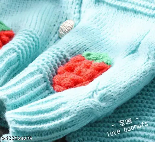 Cozy blue woolen cardigan with self-design knitted strawberry pattern for women, hand wash recommended