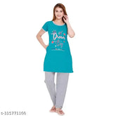 Printed cotton women's night suit set, casual summer design brings refreshing feel - half sleeves top with round neck and graphics printed. Pyjama features pocket and elastic waistband with drawstring. Bliss Bell Indian origin