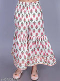 Multicolor cotton floral print anarkali/flared kurta & sharara set for girls, comfortable casual wear. Soft 90% cotton + 10% polyester fabric. Includes sizes from 2-3 years to 13-14 years. Indian origin