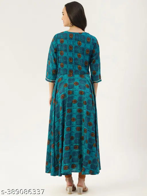 Multicolor Viscose Rayon Anarkali Kurta for Women, three-quarter sleeves, printed combo. Close-up view of ethnic Indian outfit on model