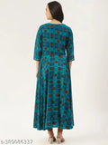 Multicolor Viscose Rayon Anarkali Kurta for Women, three-quarter sleeves, printed combo. Close-up view of ethnic Indian outfit on model