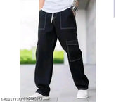 Black denim men's cargo jeans, abstract pattern, trendy fit for boys and men with six pockets. Indian origin