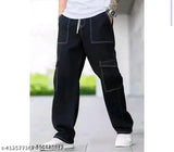 Black denim men's cargo jeans, abstract pattern, trendy fit for boys and men with six pockets. Indian origin