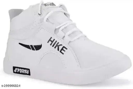 White canvas Let's Run high top sneakers for boys and girls, lace-up design, TPR outsole, warm and cozy lining. Comfortable casual shoes suitable for multiple occasions