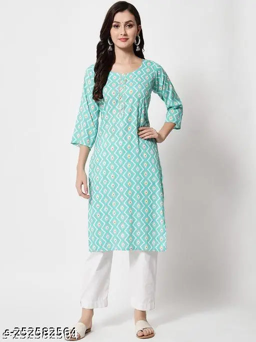 Light green rayon zigzag print straight kurti with three-quarter sleeves, India-origin Indo-Western women's fashion