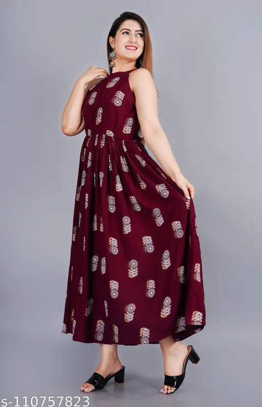 Rayon peacock feather printed anarkali kura, sleeveless Indian outfit in peacock color