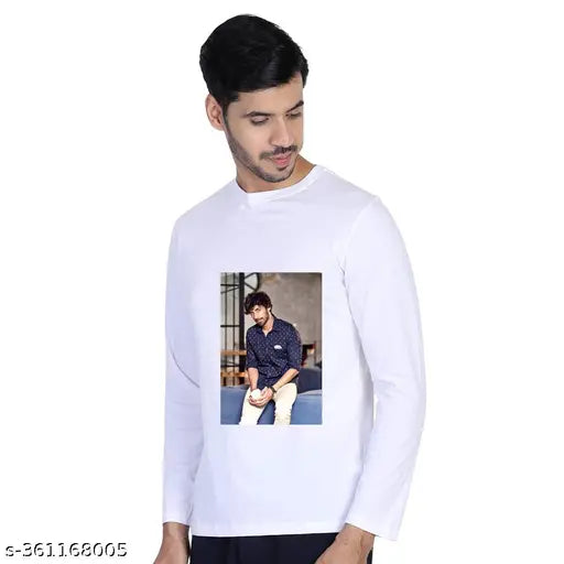 White polycotton full-sleeve men's t-shirt with printed photo, ideal for gifting on special occasions. Cool Art design from India