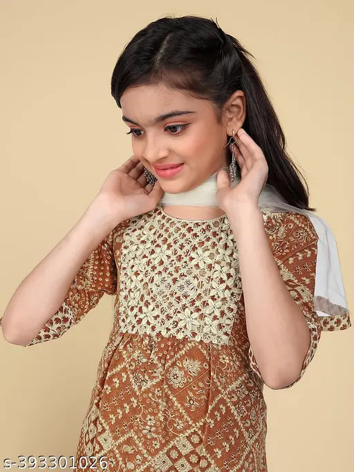 Printed cotton embroidery kurta set with harem pants & dupatta, trendy design for girls, A-line, calf length, three-quarter sleeves