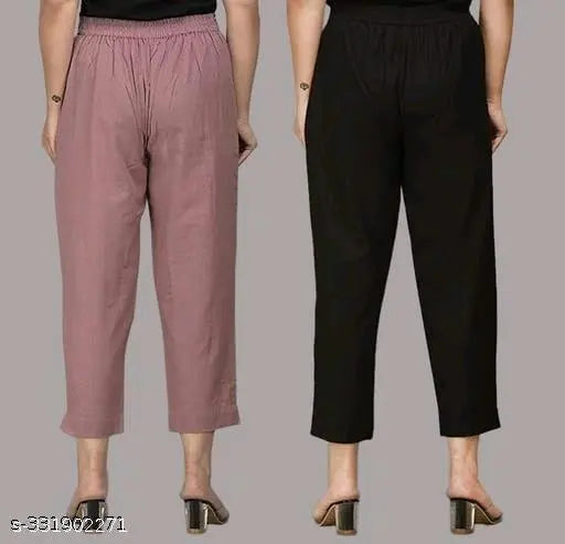 Rayon straight casual trousers for women, pack of 2, solid pattern, available in sizes 26-38 (India origin)
