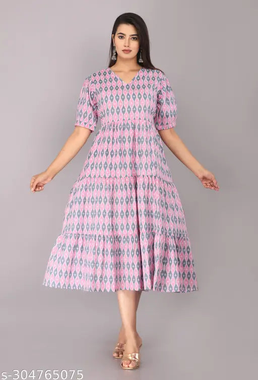 Cotton block print one-piece kurti, short sleeves, vibrant Indian print