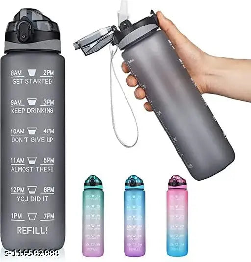 Black BPA-Free fitness water bottle with time markings (1L), perfect for sports, gym, office, school, and yoga