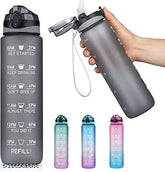 Black BPA-Free fitness water bottle with time markings (1L), perfect for sports, gym, office, school, and yoga