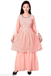 Georgette sharara set in peach, A-line and embellished sleeve design for girls festive wear, Indian traditional clothing with dupatta. Size: 4-5 Years (L: 24m, B: 24m)