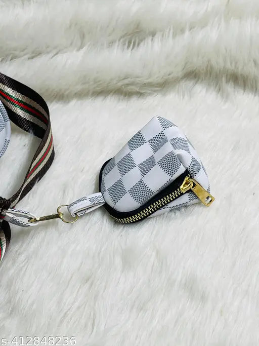 Checked PU strap cross-body sling bag with coin pouch, perfect for women & girls. Three compartments, free size (8in x 3in x 6in), origin India