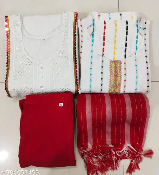 Multicolor striped collar kurtis combo with pant & dupatta, three-quarter sleeves cotton fabric for women's fashion, sizes S-XXXL, made in India