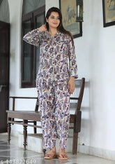 Stylish printed black cotton night suit for women & girls - three-quarter sleeves, comfortable everyday wear