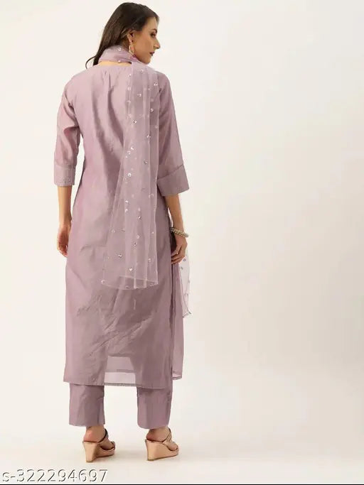 Mauve Chanderi Silk Women's Kurta & Trousers Set with Dupatta - Indian handcrafted Solid-patterned, Three-Quarter sleeves