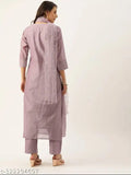 Mauve Chanderi Silk Women's Kurta & Trousers Set with Dupatta - Indian handcrafted Solid-patterned, Three-Quarter sleeves
