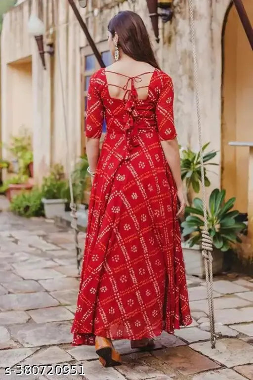 Red bandhej ankle length rayon kurti, printed combo on woman in casual setting, S (36 inch bust) & M available