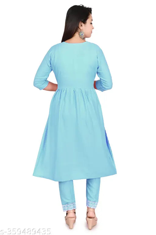 Sky Blue Rayon Nayra Cut Kurta Set with Pants, three-quarter sleeves, solid print, contemporary casual fashion, Indian origin