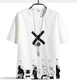 White polyester round-neck men's t-shirt with printed design, diversify print for casual wear