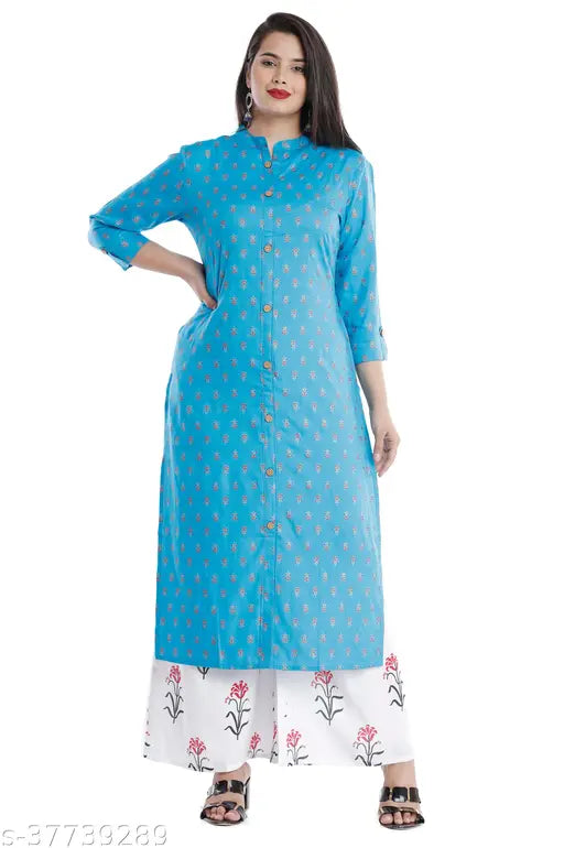 Blue Rayon Women's & Girls 3/4 Sleeve Printed Kurta with Palazzo Set, high-grade premium fabric, special occasion or casual wear