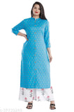 Blue Rayon Women's & Girls 3/4 Sleeve Printed Kurta with Palazzo Set, high-grade premium fabric, special occasion or casual wear