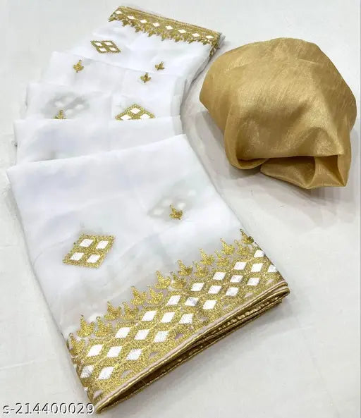 Georgette saree with all-over work and embellished border, solid net blouse in soft silk