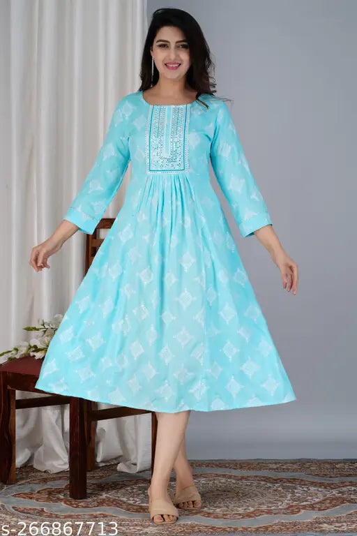 Gold blue printed 3/4 sleeve rayon anarkali kurta on woman, Indian traditional fashion