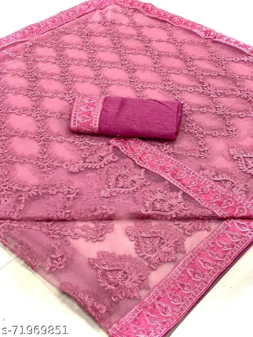 Red and green thread embroidered Super Net saree with soft silk blouse by Sai Moon Dabang 12, featuring full embroidery work and piping border