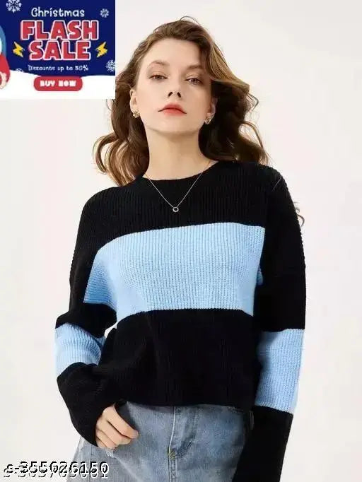 Women's black and blue color-blocked relaxed fit t-shirt with twisted design, polycotton, long sleeves, sophisticated color block pattern