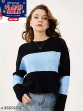 Women's black and blue color-blocked relaxed fit t-shirt with twisted design, polycotton, long sleeves, sophisticated color block pattern