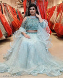 Light blue velvet-sequinned Bollywood lehenga with embellished net dupatta, semi-stitched (42in waist, 42in length)