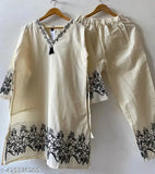 Rayon V-Neck 3/4 Sleeve Dress & Pant Set with Heavy Embroidery, white & black, Indian embroidered fashion co-ord