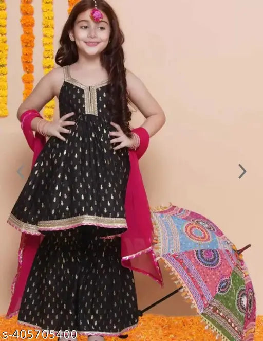 Black viscose rayon anarkali sharara set for kids, printed three-quarter sleeves floor length with dupatta, suitable for parties, weddings, and festivals like Lohri, Makar Sakranti, Baisakhi, Raksha Bandhan, Dussehra, Diwali, Navratri, Pooja, Christmas, Onam, Ganesha, and gifting. Sizes: 5-6 years (26 in top, 28 in bottom), 7-8 years (27 in top, 30 in bottom), 9-10 years (28 in top, 32 in bottom), 11-12 years (30 in top, 33 in bottom). Origin: India