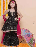 Black viscose rayon anarkali sharara set for kids, printed three-quarter sleeves floor length with dupatta, suitable for parties, weddings, and festivals like Lohri, Makar Sakranti, Baisakhi, Raksha Bandhan, Dussehra, Diwali, Navratri, Pooja, Christmas, Onam, Ganesha, and gifting. Sizes: 5-6 years (26 in top, 28 in bottom), 7-8 years (27 in top, 30 in bottom), 9-10 years (28 in top, 32 in bottom), 11-12 years (30 in top, 33 in bottom). Origin: India