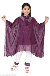 Purple & white cotton blend kids pyjamas for baby girls, embellished sleeve style with 2-11 years sizes - India origin