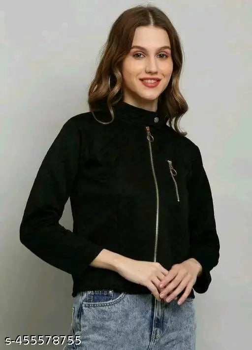 Black viscose winter jacket by SK FASHION for women, solid pattern with long sleeves on mannequin