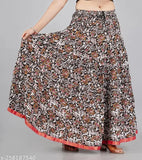 Printed rayon women's long skirt, vibrant pattern and net detail, available in multiple sizes including free size