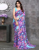 Georgette printed saree with running blouse, lightweight and free size, Indian fashion