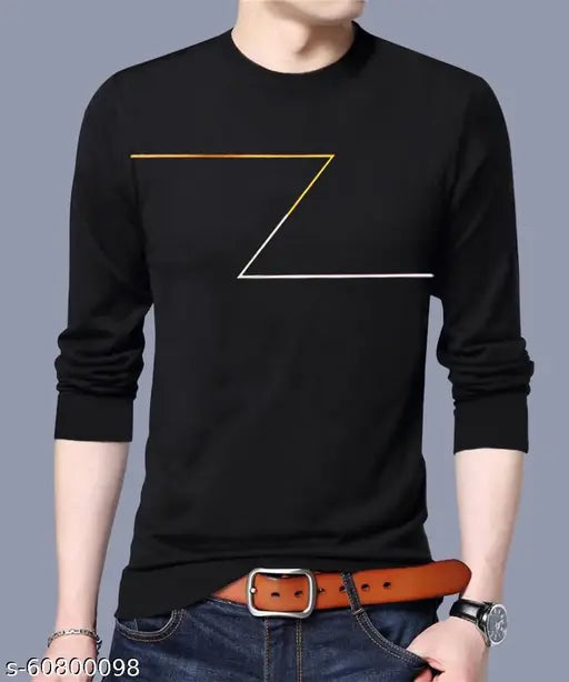 Black cotton blend abstract round-neck t-shirt for men, printed design, long sleeves, size S (36in chest, 27in length)